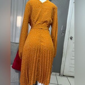 Mustard Polka Dot Pleated Long Sleeve Midi Dress